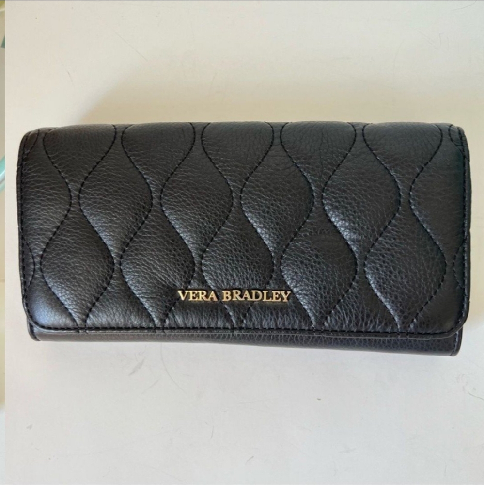 Vera Bradley New Audrey Black Quilted Genuine Leather Wallet  EUC